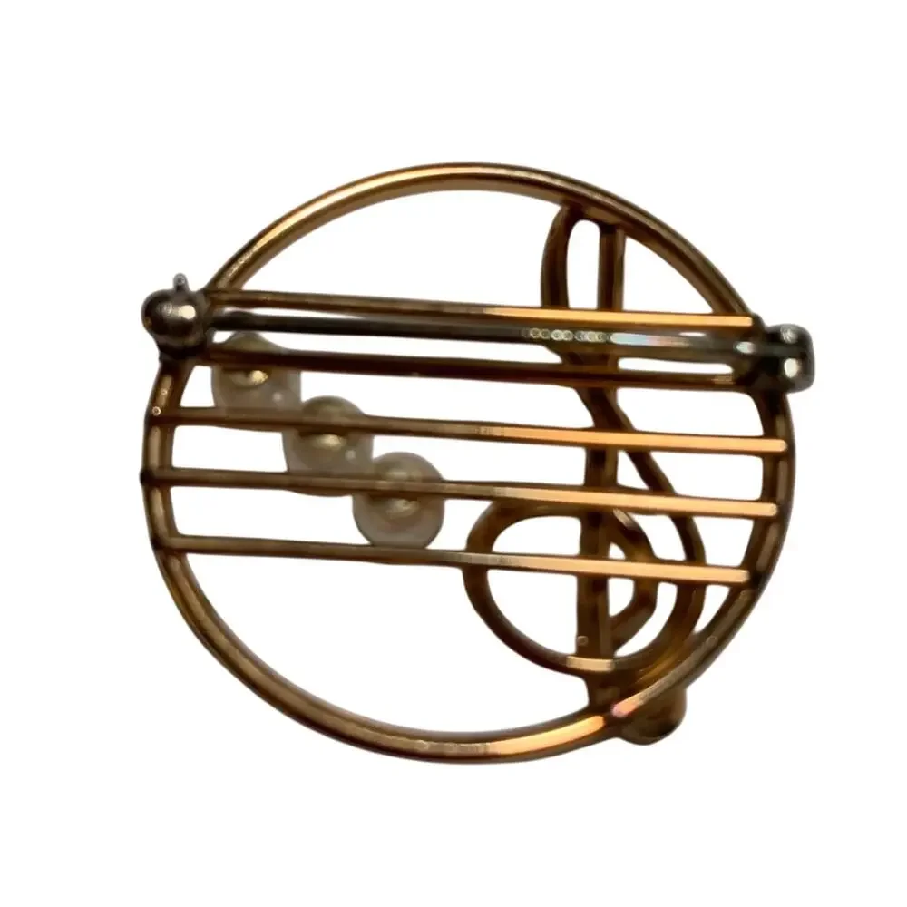 Vintage Krementz Treble Clef G Chord Pearls Gold Plate Round Brooch Music Staff